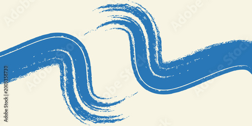 Grunge grainy blue brush stroke with spray texture. Hand drawn distress damaged vintage banner with zigzag bold line. Rough thick brush stroke texture. Spray paint effect vector background.