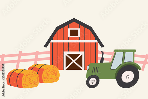 Illustration of a farm with a red barn, green tractor, and hay bales. Minimalist agricultural concept for organic farming, rural life, and harvest design.