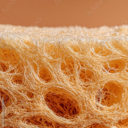 Detailed macro shot of a natural loofah sponge, highlighting its complex, porous, and fibrous texture against a warm background.