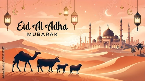 eid al adha mubarak greeting with mosque and camels at sunset
