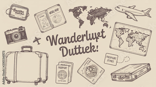 Hand-drawn travel essentials and world map illustration vintage sketch style for vacation planning and adventure concept isolated on textured background