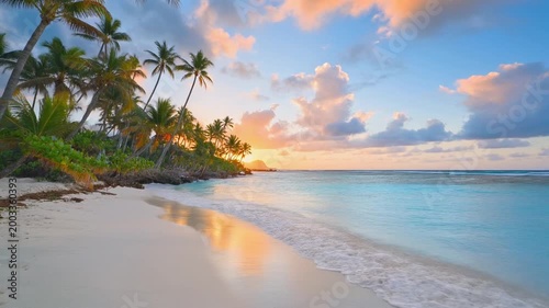 Tropical beach sunrise, palm trees and turquoise water with colorful sky reflections