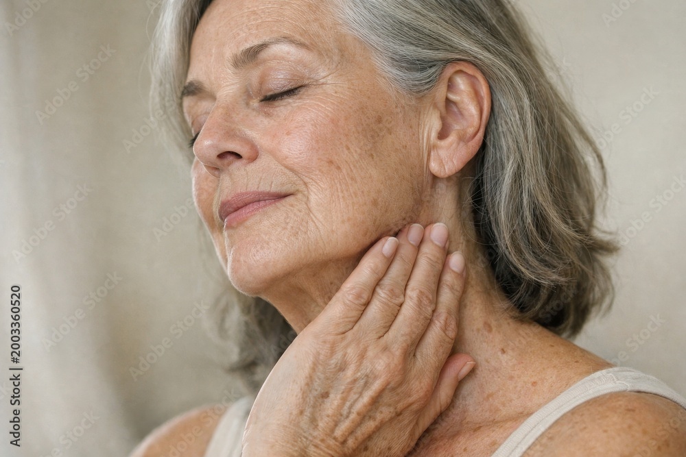 Fototapeta premium Elegant mature woman enjoying skincare routine. Natural beauty concept embraces self-care and wellness. Soft lighting creates serene atmosphere for relaxation and rejuvenation.