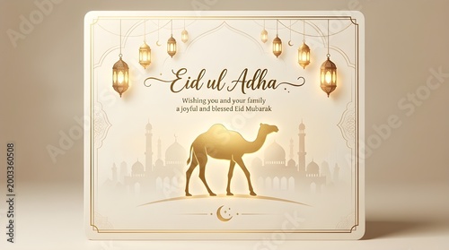 Golden Eid ul Adha Greeting Card with Camel Silhouette and Lanterns
