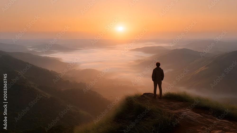 Obraz premium A solitary figure stands on a high ridge overlooking a misty valley bathed in the warm glow of sunrise or sunset