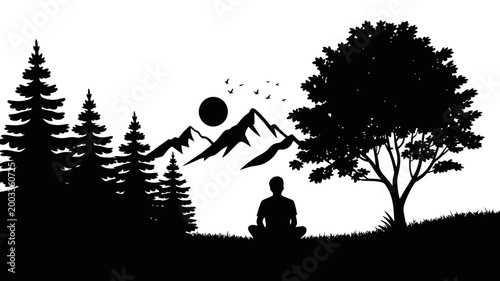 Silhouette of a person meditating in a peaceful landscape with mountains trees a full moon meditation