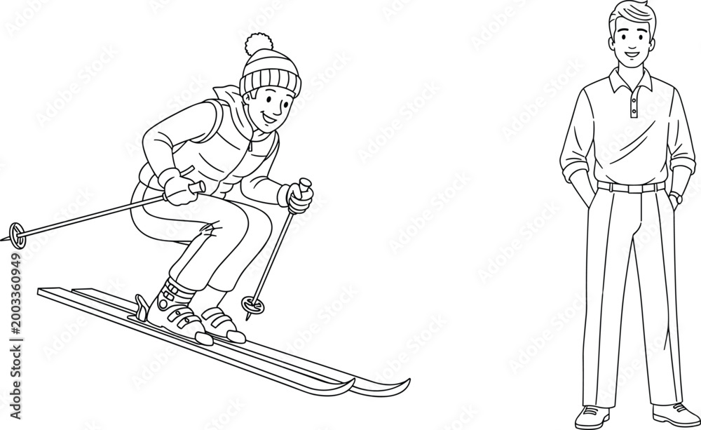 Obraz premium Black and white cartoon skier in motion and standing person, dynamic line drawing for kids coloring and winter sports fun
