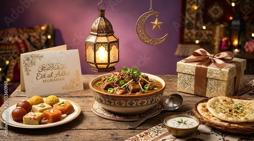 Eid al-Adha Feast: Delicious Stew, Sweets, Naan Bread, and Festive Lanterns