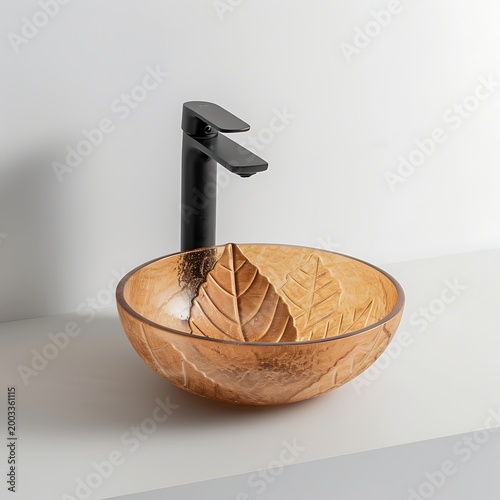 Brown woven basket with black handle on white surface