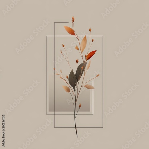 Elegant Botanical Illustration with Autumnal Leaves and Geometric Frame on Beige Background