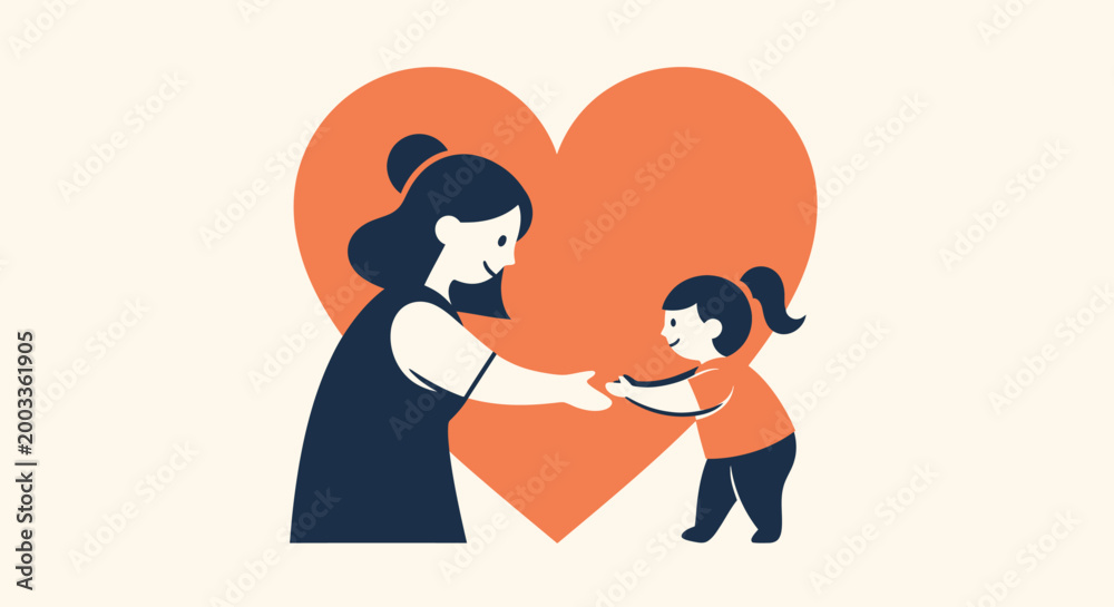 Fototapeta premium A mother and daughter holding hands in front of a large orange heart, symbolizing love and family connection.