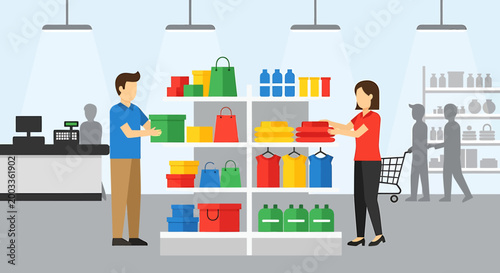 A man and a woman are shopping in a well-stocked supermarket, with shelves full of colorful products and a checkout counter.
