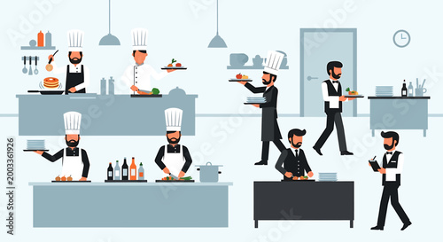 A busy restaurant kitchen scene with chefs preparing food and waiters serving guests, illustrating the dynamic operations of a culinary establishment.