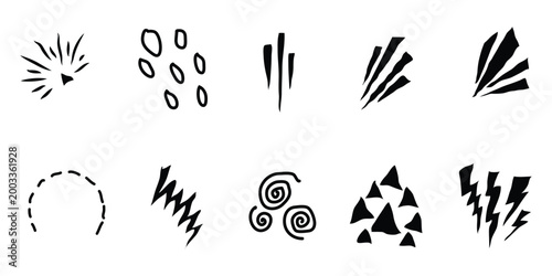 Set of hand drawn comic book sound effect elements, action lines, and abstract graphic symbols