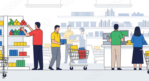 Illustration of people shopping in a brightly lit supermarket with shelves stocked with goods and checkout counters.