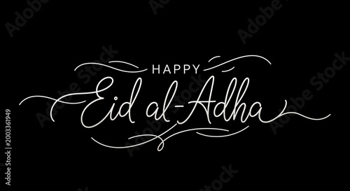 Elegant white calligraphy text 'Happy Eid al-Adha' on a black background, celebrating the Islamic festival.
