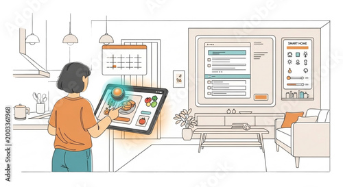 AI Assistant Smart Lifestyle Continuous Line Art Daily Tasks Cooking Planning Minimal Vector Illustration