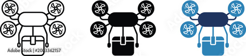Rounded flat drone delivery vector icon set in black and blue minimalist style, editable autonomous shipping and logistics symbol collection for ecommerce innovation and tech branding