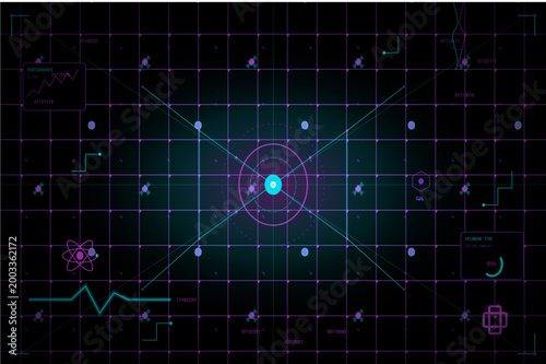 Futuristic HUD interface with digital grid and target scope in neon purple and cyan