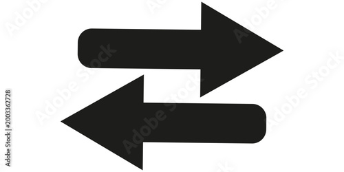 Minimalist black horizontal arrows pointing in opposite directions on a white background. Bold vector icon perfect for representing data exchange, transfer, or navigation flow