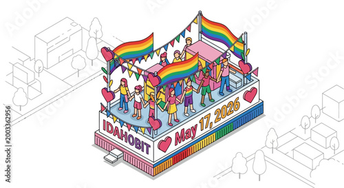 Isometric vector illustration of LGBTQ+ pride parade float with rainbow flags and Idahobit celebration on May 17, vector illustration