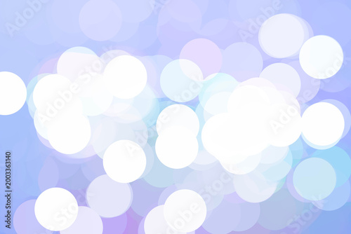 Soft pastel abstract illustration with white bokeh circles on a blue and lavender background, blurred glowing lights, banner, copy space