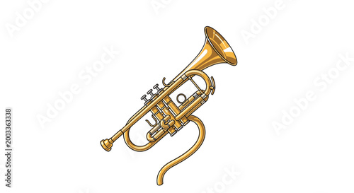 Golden shiny trumpet brass musical instrument shown at an angle against a pure white background for jazz or orchestra themes.