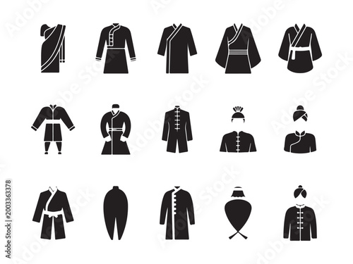 Asian Traditional Clothing Icons - Ethnic Fashion and Cultural Apparel Vector