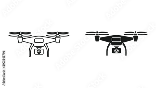 Two drone icons with camera, one black and one line art style, isolated on white background