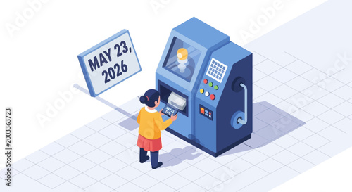 child interacting with futuristic atm machine on may 23 2026 vector illustration