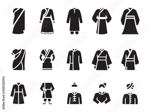 Cultural Asian Apparel and Ethnic Dress Icon Set for Travel and History