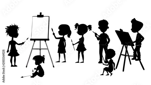 Diverse group of children silhouetted while actively engaged in painting and drawing activities with easels and brushes, promoting creativity and artistic expression.