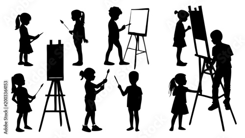 A vibrant collection of diverse children's silhouettes actively engaged in various artistic pursuits like painting and drawing around easels and art stations.