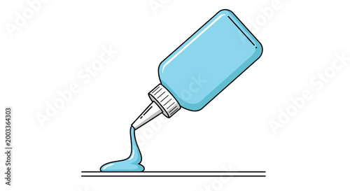 Blue plastic glue bottle pouring out light blue liquid glue onto a surface against a plain white background for craft work.