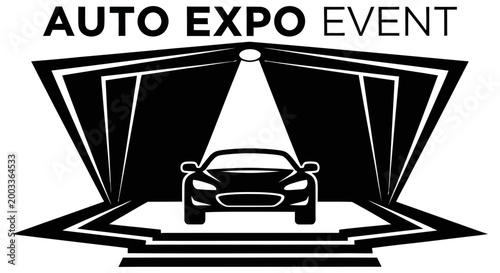 Modern car showcased at a prominent auto expo event with spotlight