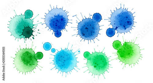 Viral particles, blue and green bacteria, microscopic organisms, scientific illustrations, medical vector graphics