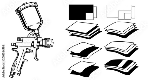 Vector illustration depicting a professional paint spray gun alongside various stacking and layering graphic design concepts.