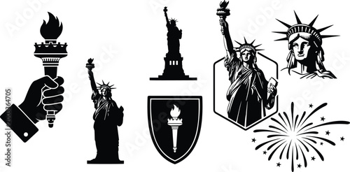 Statue of liberty and fireworks themed vector graphic design illustration collection set.