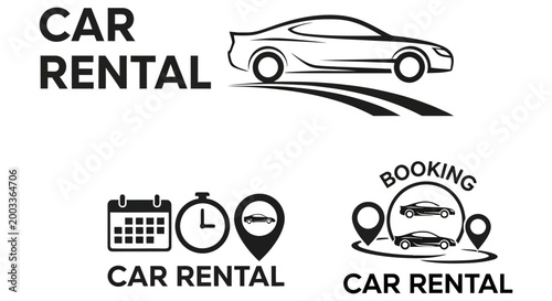 Collection of black and white vector icons representing essential car rental booking services and transportation options