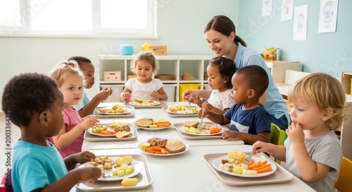 Diverse children eating lunch at school with teacher supervising