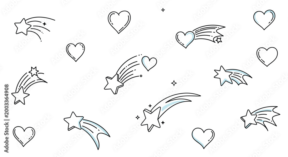 Obraz premium Seamless pattern featuring stylized line art of shooting stars and hearts arranged playfully on a plain white surface.