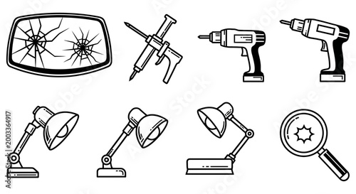 Various tools and lamps for home repair and inspection activities