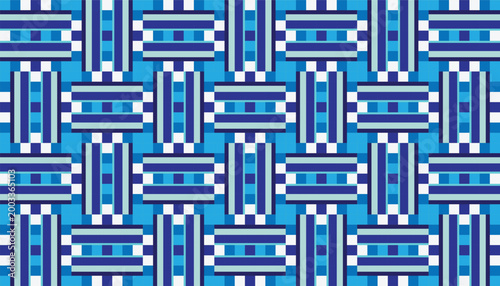 Seamless blue geometric pattern with woven texture effect. Abstract vector background featuring interlocking stripes and squares for textile, tech branding, and web design.