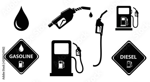 Collection of black and white graphic icons representing fuel pumps nozzles and essential gasoline diesel signs