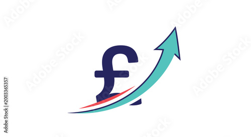 Dark blue pound sterling currency symbol is accompanied by a bright teal arrow trending upwards to represent economic growth. Free Download Dark blue pound sterling currency symbol is accompanied by a bright teal arrow trending upwards to represent economic growth. - GFXLoad