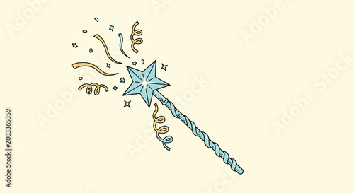 Sparkling magic wand with a blue star tip surrounded by glowing stars and confetti on a soft yellow background for fantasy.