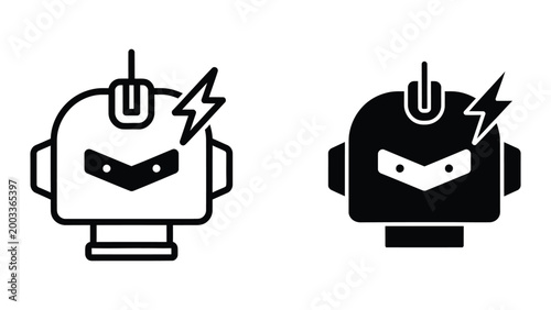 Robot head shocked by lightning bolt with power plug