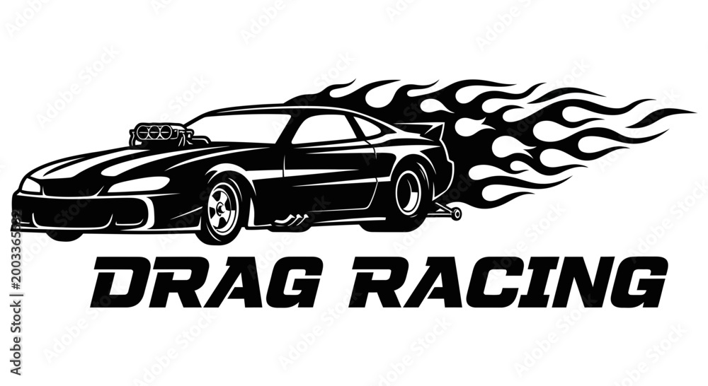 Fototapeta premium Drag racing car speeding with flames coming out of the back