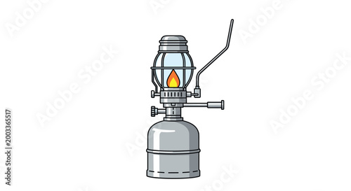 Vintage silver metal kerosene lantern with a glass chimney and a glowing orange flame inside for camping light.
