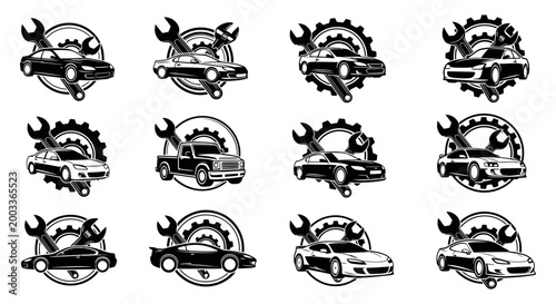 Collection of twelve distinct black and white automotive repair logos featuring cars and tools
